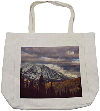 Торба за купување на пејзажи во Амбесон, планини опфатени со снег во Колорадо есенска сезона пред дожд сиви облаци на отворено, еколошка