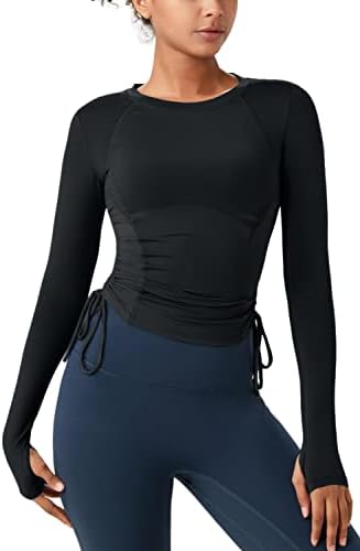 Облеки за тренингот на Алмареј со долги ракави кошули за жени атлетски врвови кои трчаат џемпер со дупки со палецот l црно