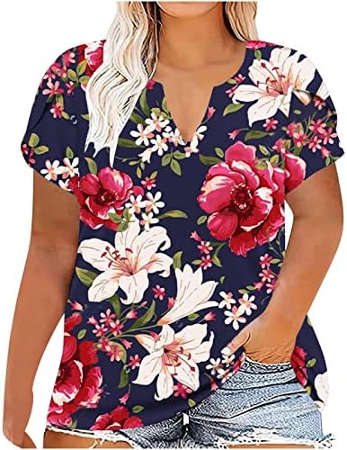 Женски плус големина Хенли кошули 2023 проточни летни врвови лабава маичка со кратки ракави основни V вратите преголеми блузи