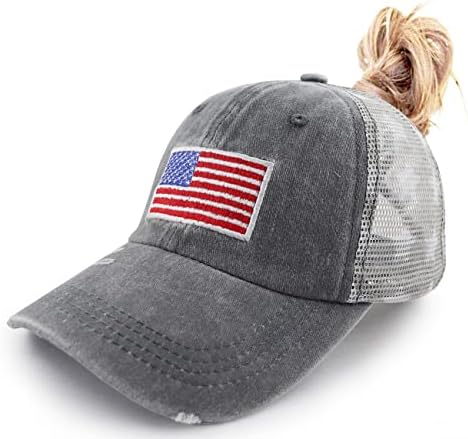 Vxchkerm USA American Flag Trucker Hat за жени, смешно прилагодливо измиено везено потресено потресено капаче за бејзбол капа