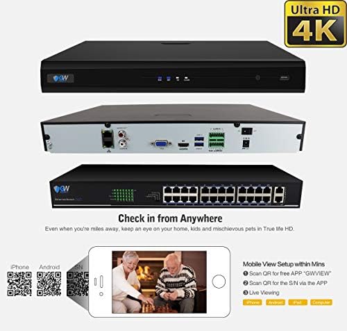 GW Security 32 Channel 4K NVR H.265 8MP Систем за безбедносна камера со полно работно време во боја со 24 Ultrahd 4K IP двонасочни аудио