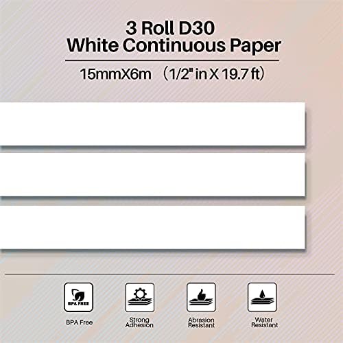 Phomemo 3 Roll D30 Лепило бела континуирана термичка етикета хартија 1/2 во x 20 ft црна на бела боја, за производителот на етикетата