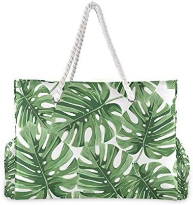 Алаза Тропска дланка ја остава Монстера голема торба за плажа за жени торбички торби што може да се употреби на намирници торба со рамо со патент