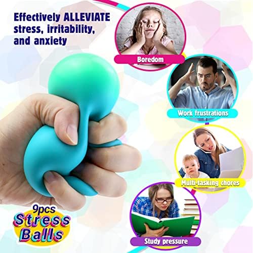 Стрес топка за деца - 9 пакувања Олеснување на стресот, бојата на играта што се менува за децата да вежбаат, олеснување на анксиозноста,