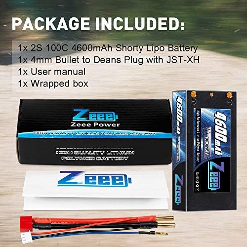 ZEEE 2S Shorty Lipo 7.4V 100C 4600mAh HardCase Lipo Battery со 4мм конектор за куршуми за куршуми за возила RC 1/10 скала автомобил,