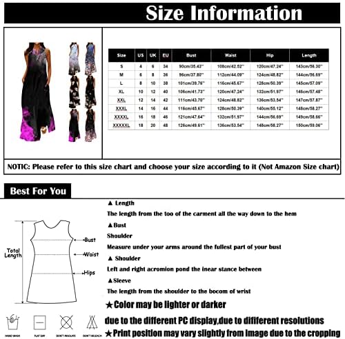 IAQNAOCC макси фустани за жени, печатете го максималниот фустан без ракави без ракави со џеб