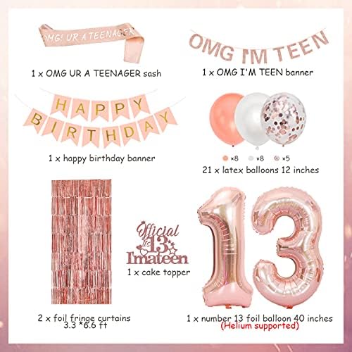 13-Ти Роденденски Украси За Девојчиња Розово Злато-ОМГ УР Тинејџерски Појас Раб Завеси Торта Топер Банер Венец за 13 Години Роденденски