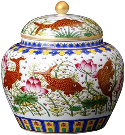Ylyajy Enamel Jar Tea Caddy обоена златна езерце риба шема чај тенџере антички порцелански тегла тегла