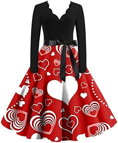 Гроздобер Фустан За Печатење На Денот На Вљубените За Жени Вечерни Обични Фустани Од Хепберн Со Долги Ракави