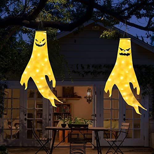 CPHBO Ноќта на вештерките ветрови со LED светла што висат украси знамиња со ветерници со висечки клип за дома, двор, градина,