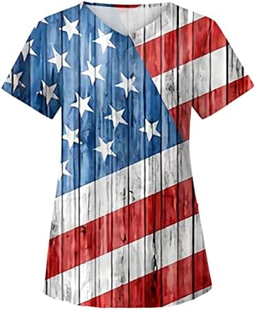 4-ти јули маичка за жени за жени во САД Лето кратка ракав V-врат кошула со 2 џебови Смешна празнична работна облека за одмор