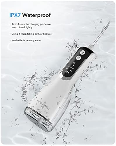 Monasmile 350ml Вода за стоматолошки Флосер безжичен, 5 режими, 4 млазници, IPX7 водоотпорен, индикатор за батерија, преносен преносен орален