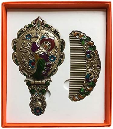 Нериен женски преклопен антички метален паун Руски стил Козметичко огледало суета огледало рачка Огледало поставена со бронза од чешел