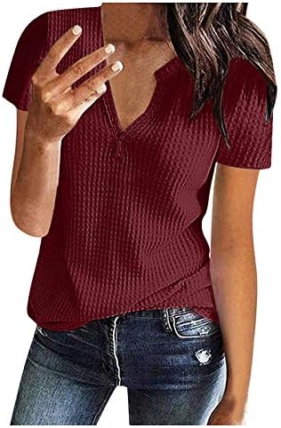 Womensенски V врат вафли плетени маици 2023 лето плус големина кратки ракави маички врвови обични лабави вклопени кошули блуза блуза
