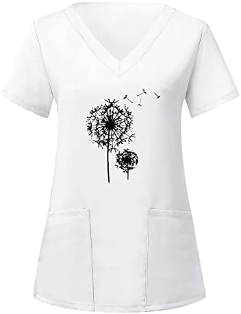 Врвови за чистење на жени, симпатична графичка печатена V врат Краток ракав преголеми маици Симпатични врвови за чистење за жени