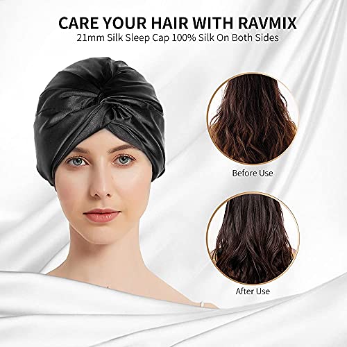 Ravmix црница свилена капа на капакот за спиење за жени нега на коса, и двете страни 21 мама природна обвивка за коса од свила за спиење,