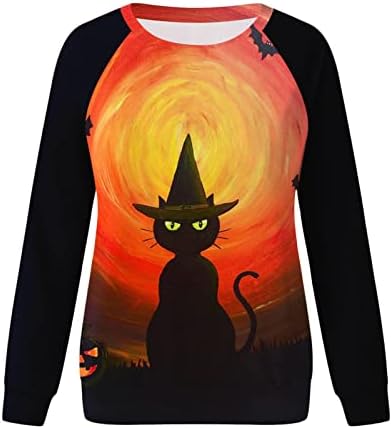 Женски кошули за Ноќта на вештерките во боја на долги ракави, џемпери на екипаж, лабава симпатична маица зајдисонце зајдисонце црна