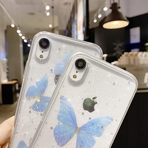 Ztuok компатибилен со iPhone XR случај за жени девојки, сјај сјај силиконски браник покритие симпатична сина пеперутка искра starsвезди дизајн