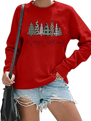 Егелексична среќна Божиќна маица, жени Божиќ леопард Пјалд дрвја Печати џемпер на џемпери, лежерна долга ракав за одмор