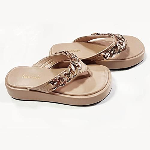 Модни папучи на ланецот на модата, женски флип плажа, дното, големи дебели летни обични рамни сандали за жени, рамни сандали