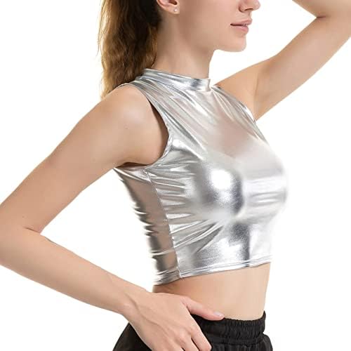 Сјајна метална метална култура на Haitryli Top Mock Neck Reck Tops Tops Rave Dance Bustier Vest Clubwear сребрена мала мала мала