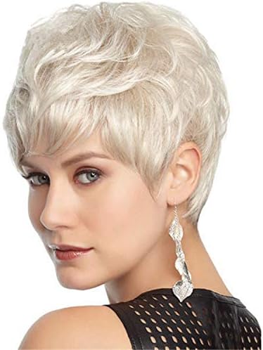 Andongnywell sliver сиви кратки кадрави перики со удирања за коса за жени отпорни на топлина Синтетички перики за целосна коса