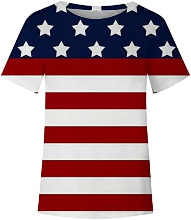 Женски летни врвови 2023 година обичен фустан 4 -ти јули кошули со кратки ракави екипаж маица американско знаме графички лабави слатки