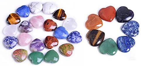 Amoystone 20 компјутери се залепи заздравувачки кристален џеб камен подуено срце и 7 парчиња срцеви камења Реики лековити чакра