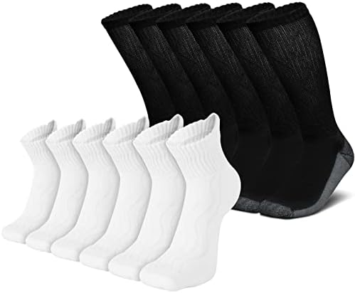 Лин дијабетични чорапи за мажи и жени | Екстра широко не обврзувачки, пакет 12, бело и црно, 10-13