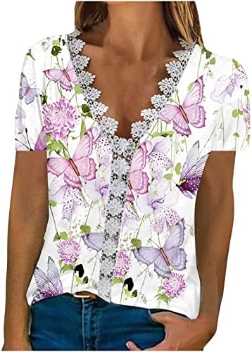 Памук од чипка со кратки ракави, цветна графичка лабава лабава вклопување опуштена фит бренд блуза маичка за девојчиња блуза 2W