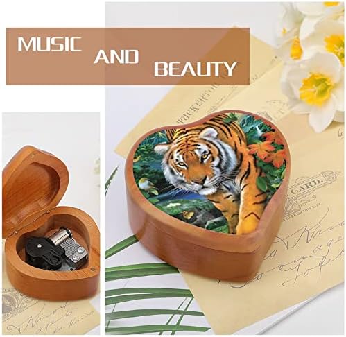 Moonlight Tiger гроздобер дрвен часовник музички кутија во облик на срцева кутија подароци за семејни пријатели на lубовници