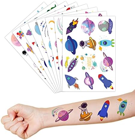 8 Листови Галаксија Привремени Тетоважи За Деца, Вселенски Украси За Роденденски Забави Снабдува Налепници За Тетоважи Симпатична