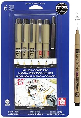 Sakura Pigma Micron Manga Comic Pro Fineliner Pens - Архивско црно мастило пенкала - Асортирани големини на точки - 6 пакувања