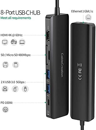 USB C Hub 4k 60Hz, CableCreation 7-во - 1 USB-C Центар Мултипорт Адаптер Пакет СО 8K HDMI Кабел 3.3 ft, CableCreation HDMI Ултра