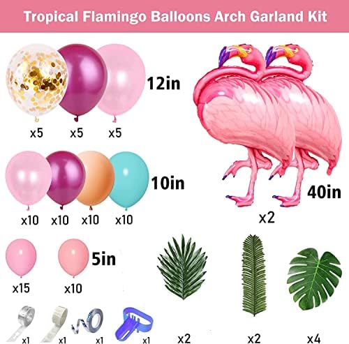 124 парчиња Тропски Фламинго Балон Лак Венец Комплет 40 Фламинго Балони Топло Розова Конфети Балони Тропски Палми Лисја 4 Алатки