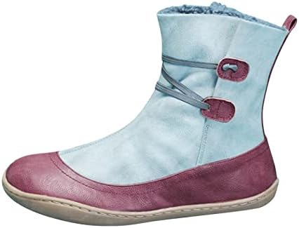 Чизми за жени чизми на глуждот мешани бои чипка нагоре се лизгаат на тркалезни пети од клинчиња од клинче Антискид снежни чизми