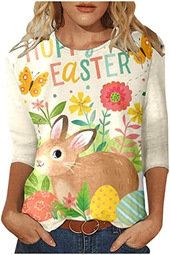 Велигденски маички за жени жени мода 3/4 ракав Тркалезен врат маица Топ зајаче за печатење на животински печати кошула