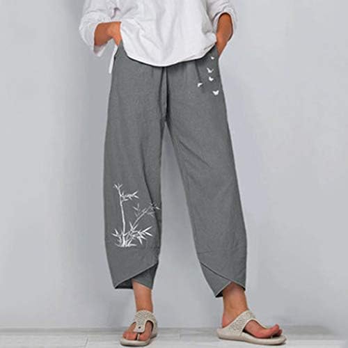 Исечени лесни панталони Капри Палацо лабава случајна цветна везена постелнина еластична памучна лабава панталони