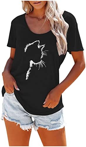 Mirtенска маица за вратот на екипажот Симпатична мачка печати врвови лабава истегнете ги маичките со маички од рамената, обични маички