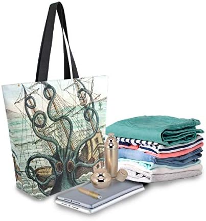 Алаза октопод платно торба за жени за жени патувања за купување намирници со врвни рачки чанти големи количини за еднократно торбички