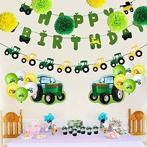Опсежни партии со тематски партии со зелен трактор, украси за роденден на зелена трактор со среќен роденденски банер, трактор гарланд,