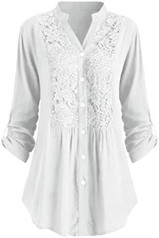 Женски блузи врвови мода плус големина чипка фолтрални кошули копче надолу јака со јака долги ракави тенок вклопат проточен врв