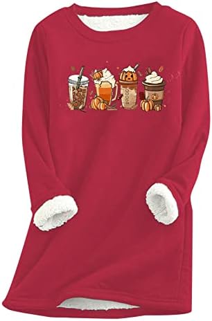 Женска зимска топла шерпа руно наредена џемпер со долги ракави со црвено вино стакло Тенок екипаж Шерпа-пулвер за џемпери на врвови на врвови