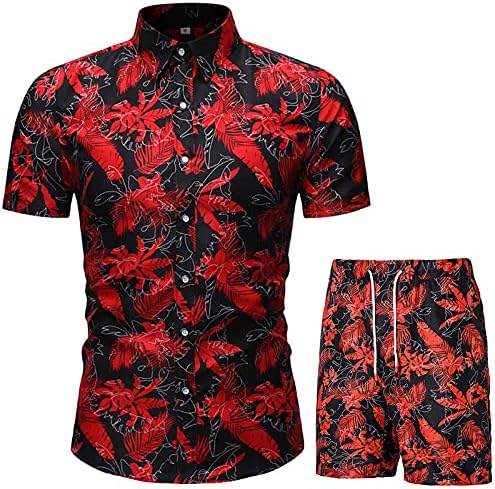 Трака за две парчиња за мажите панталони кратки 2 парчиња и летни плажа печатени сетови за машки кошули шорцеви мажи