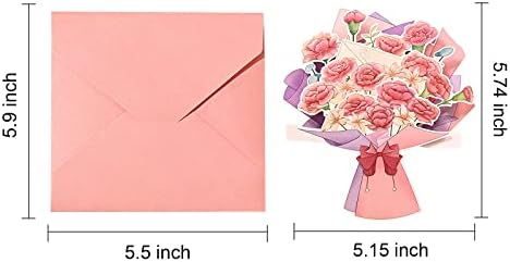 Ослободени честитки за цвеќиња со плик, 3Д хартиени цвеќиња Букет каранфили честитки за цветна картичка за роденден на мајката за мајка, жени,