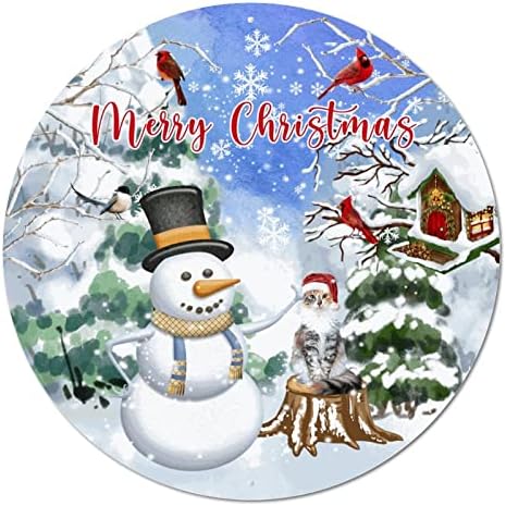 Тркалезен метален знак Среќен Божиќен снежен човек и мачка Божиќен венец знак метал постер рустикален домашен простор знак плакета за бар