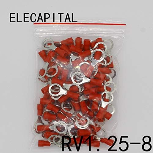 Онвас RV1.25-8 Црвен кружен 22-16 AWG 0,5-1,5 mm2 Изолиран прстен терминален конектор за конектор за кабел за кабел 100pcs/пакет RV1-8 RV