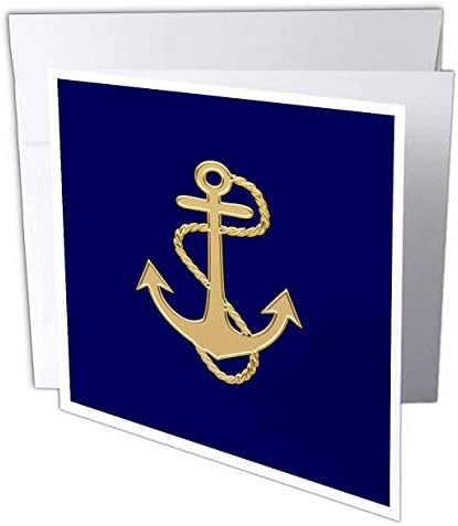 3drose леќи Уметност од Флорен - наутички декор - Слика на популарна златна сидро со ланец на морнарица сина - 6 честитки со коверти