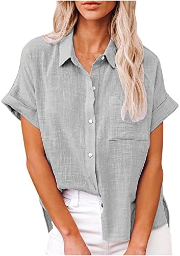 2023 ЛЕНЕН копче надолу со кошула жени манжетни со кратки ракави блузи летни памучни маички цврсти фустани обични врвови маици маички