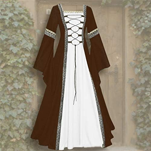 Женски готски гроздобер костур должина фустан под подот женски фустан со висок врат миди фустан средновековен костум викторијански каки